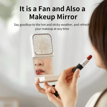 Neck-mounted Foldable Hand Fan with Stand Makeup Mirror
