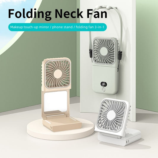 Neck-mounted Foldable Hand Fan with Stand Makeup Mirror