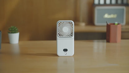 Neck-mounted Foldable Hand Fan with Stand Makeup Mirror